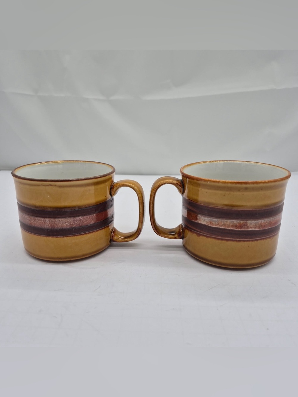 VTG 70s Mug Set 2 MCM Striped Cottagecore Boho Coffee Bar Retro Rustic 10 fl oz